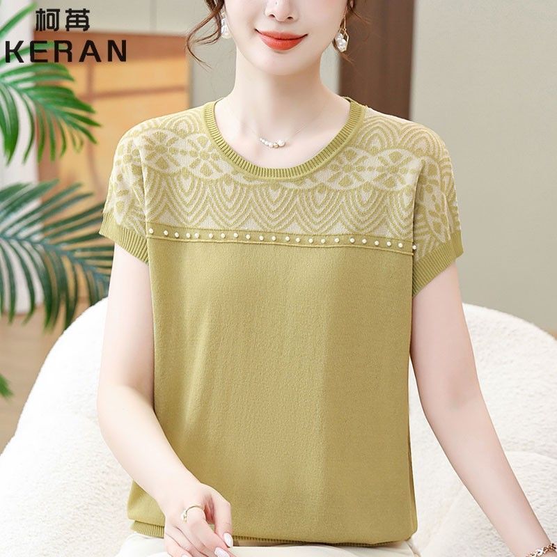 Summer Clothes Imitation Ice Silk Short Sleeved T-shirt Top, Fashionable Knitted Sweater for Women