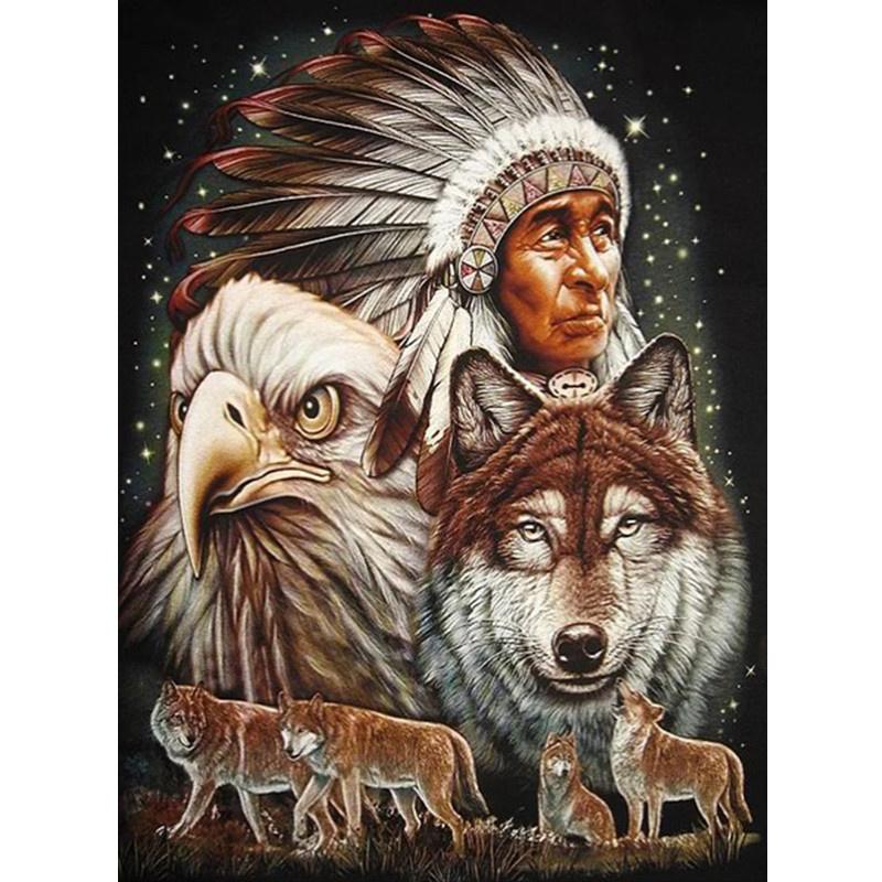 5D-Diamantgemälde zum Selbermachen, Tribal, alter Mann und Wolf, Diamant-Stickerei, Kreuzstich-Set, komplettes Strass-Mosaik, Heimdekoration
