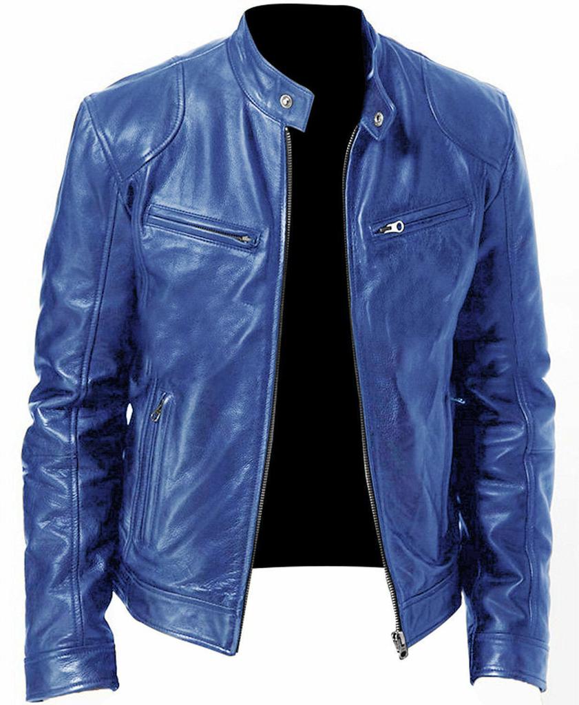 Spot Winter Business Gentleman Warm Zip Cardigan Pocket Decorative PU Leather Jacket Stand Neck Slim Leather Jacket