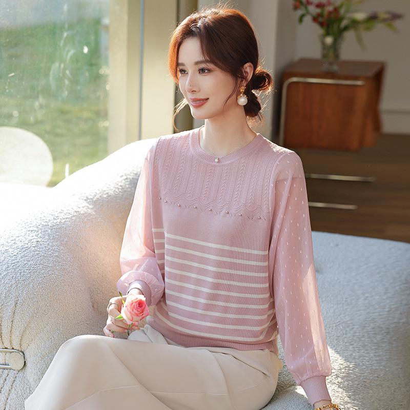 

Elegant Gauze Sleeve Striped Knit Sweater for Middle-Aged Women - Slimming Spring Top for Moms 4XL [For 140-160 lbs]