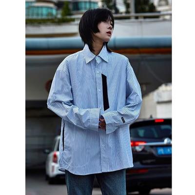 2024 Çizgili Uzun Kollu Gömlek Japon Hong Kong Tarzı Ins Bol Gömlek Erkek Yaz Trend Çok Yönlü Günlük Ceket
