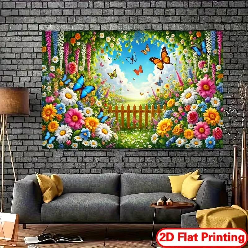 2D Sommergarten Kulisse Blumig Schmetterling & Zaun Fotokabinen Hintergrund