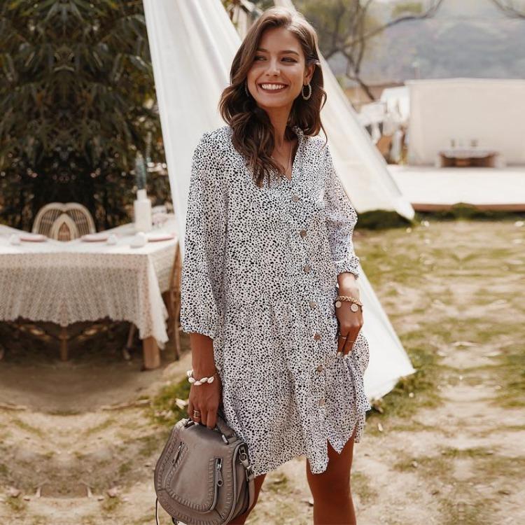 Women Summer Casual V-neck Mini Dress Three Quarter Sleeve Single Breasted Print Above Knee Sizes S-XL Black White Burgundy