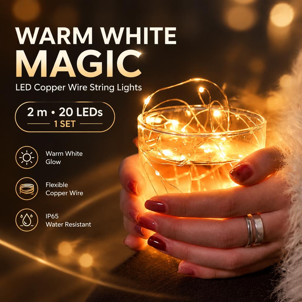 LED Copper Wire String Lights, 2m 20 LEDs, Warm White, IP65 Waterproof, Battery Operated