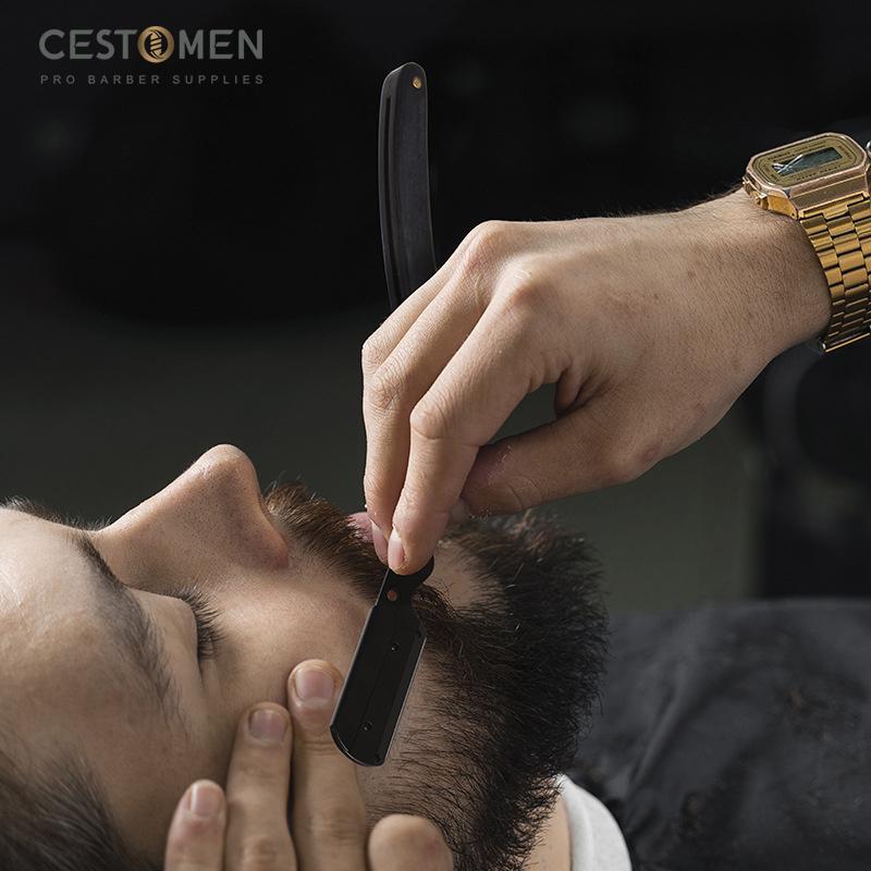 CESTOMEN Herren Rasierer mit gerader Kante, Edelstahl, professioneller Friseurmesserhalter, zusammenklappbar, Holz, manuelles Rasieren, Rasierer, Friseur-Werkzeuge