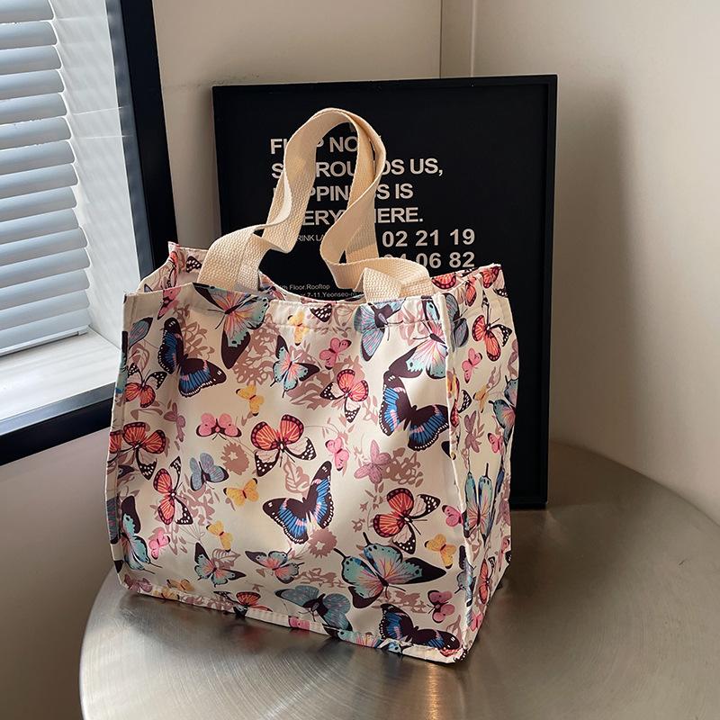Large Capacity Floral Butterfly Portable Canvas Bag Oxford Cloth Casual Women'S Bag Niche Shoulder Handbag