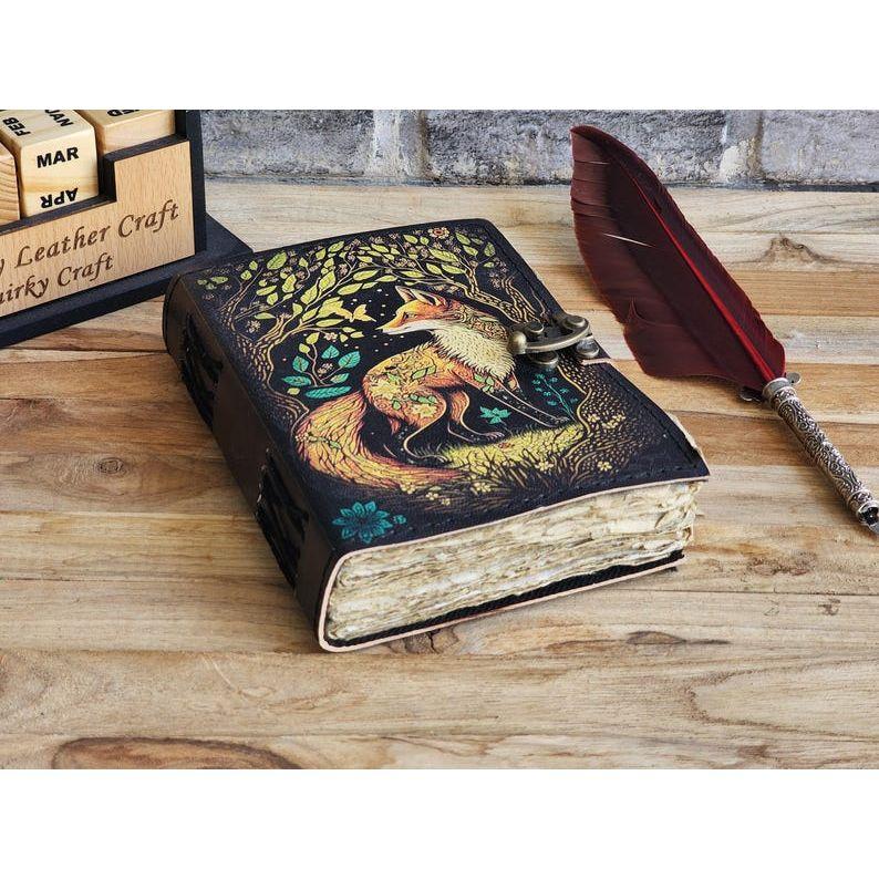 Fox Leather Vintage Look Handmade Leather Journal, Grimoire Fat Journal Blank Spell Book of Shadows Celestial Christmas Gifts