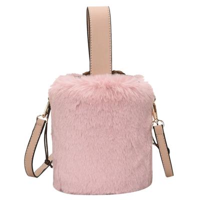 Lakeruta Drawstring Fur Shoulder Bag, Boa Tote, 2-Way, Fluffy, Mini Bucket-Shaped, Women's, with Shoulder Strap and Handle (Pink)
