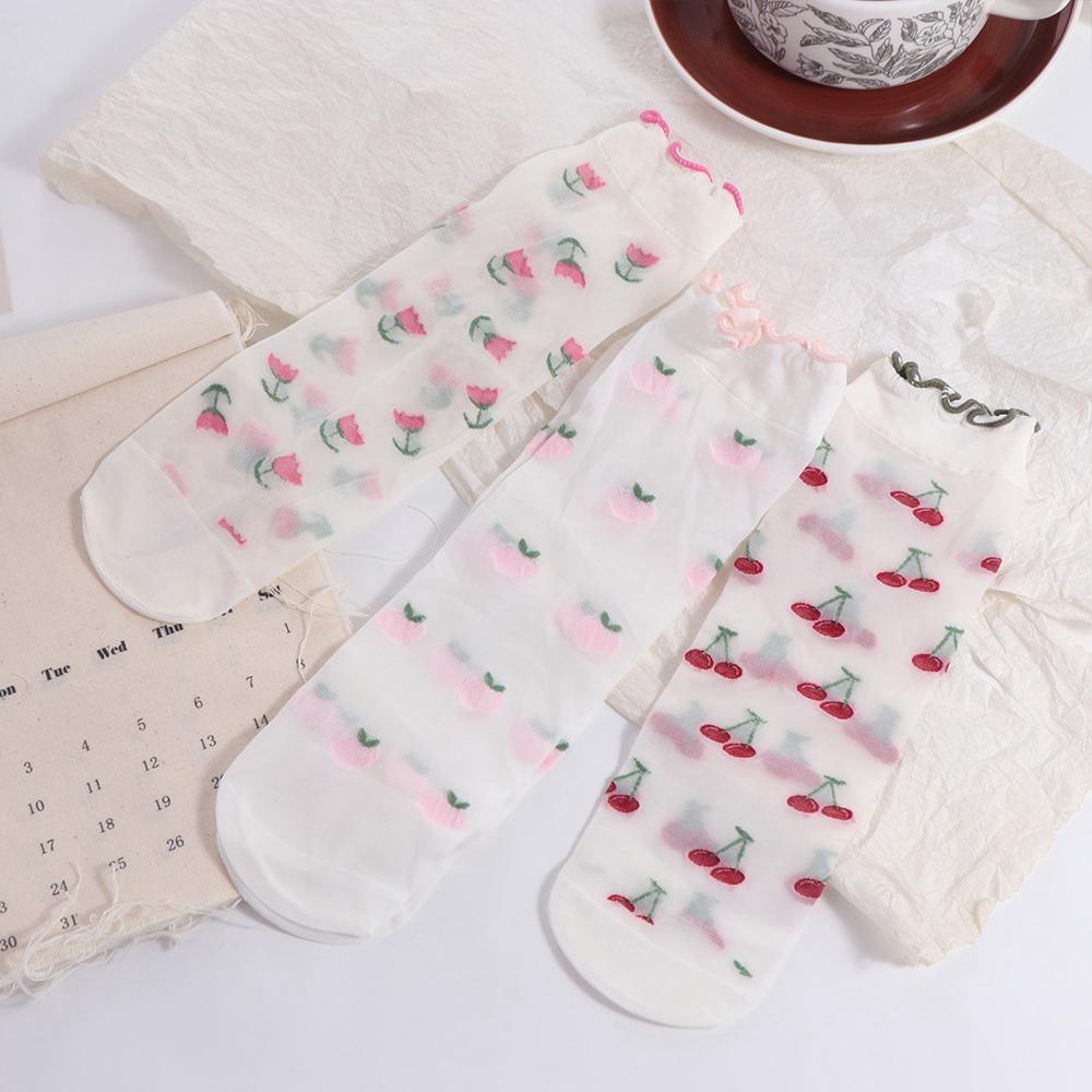 Cherry Transparent Flower Ruffle Socks Avocado Fruit Mesh Tulle Mid Tube Socks  Streetwear