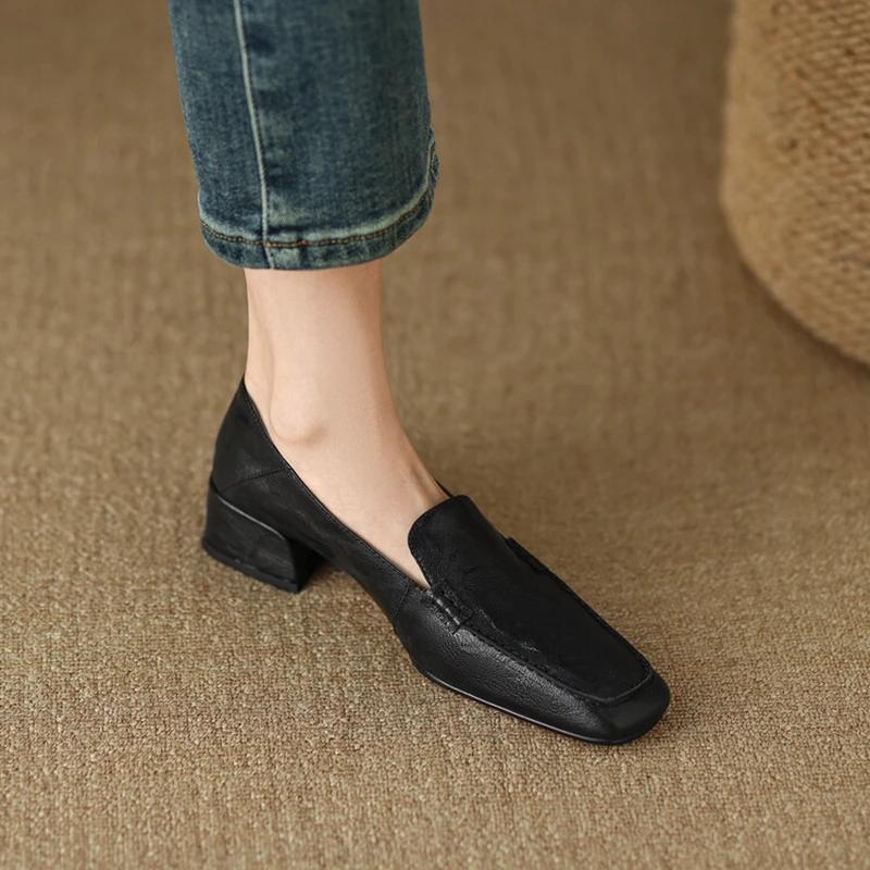 Fashion NEW Spring/Autumn Women Loafers Square Toe Chunky Heel Shoes Elegant Genuine Leather Shoes for Women Retro Sheepskin Women Pumps