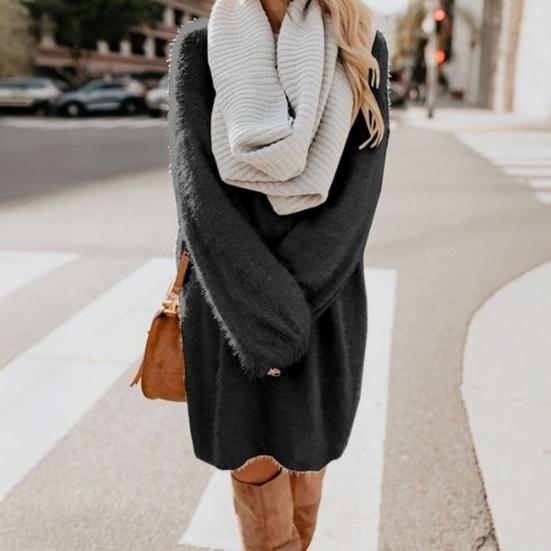 Women's Furry Pullover Sweater Dress Fuzzy Slouchy Oversized Long Tops Loose Crew Neck Fall