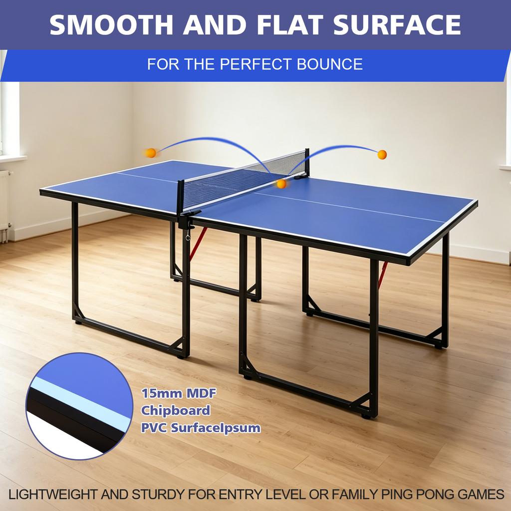 6 Fuß Mittlere Tischtennisplatte, Klappbare & Tragbare Ping-Pong-Tischgarnitur für Indoor- & Outdoor-Spiele mit Netz, 2 Tischtennis-Schlägern und 3 Bällen