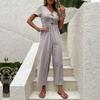 Women's Fashion Solid Color Loose Buckle Short Sleeved Cropped Pants Wide Leg Jumpsuit