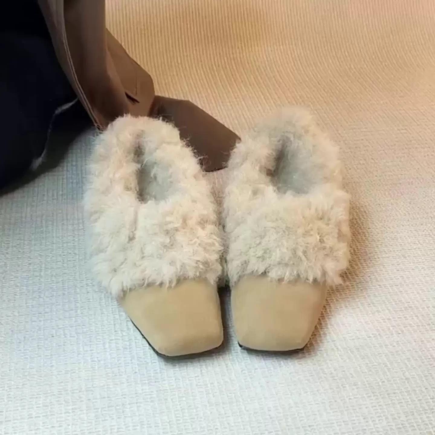 

Sheepskin version~ French suede square head inner height increase fur integrated fleece single shoes women s autumn and winter versatile fluffy shoes 40 абрикосовый