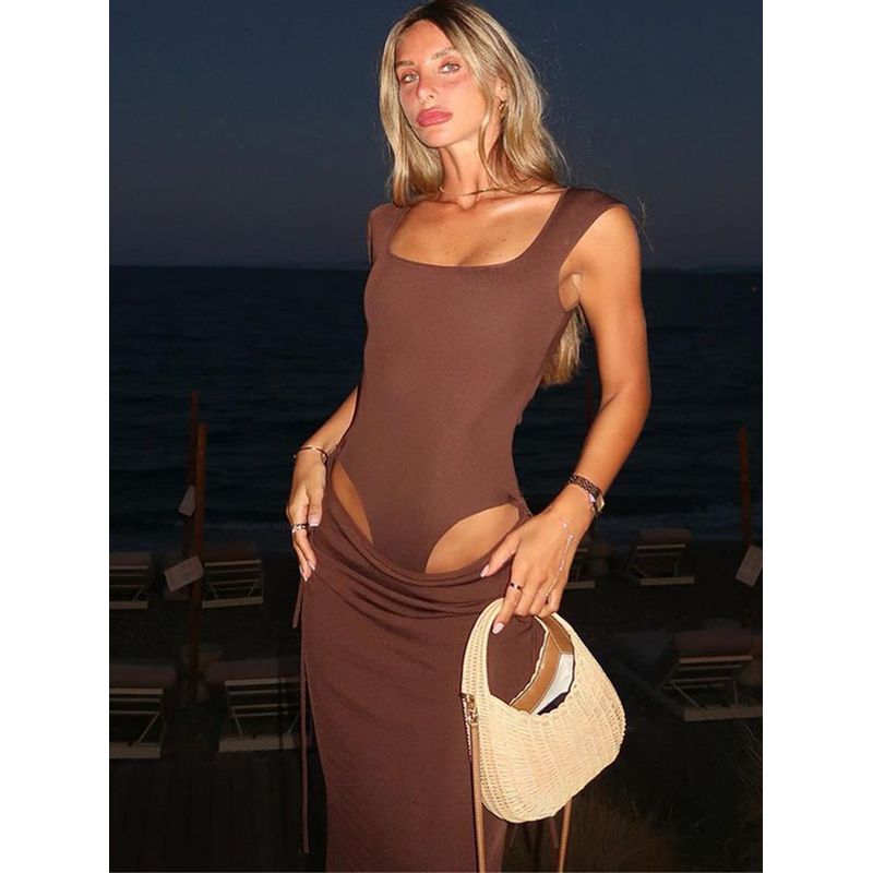 Gusty Fancy Elegant Adult Lady like Woman U-Neck Tight Tops Cinched Sleeveless Jumpsuit + Low Waist Drawstring Skirt