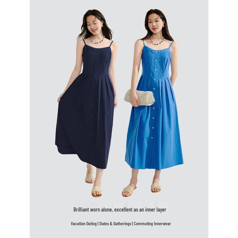 INMAN Klein Blue Pleated V-Neck Midi Dress