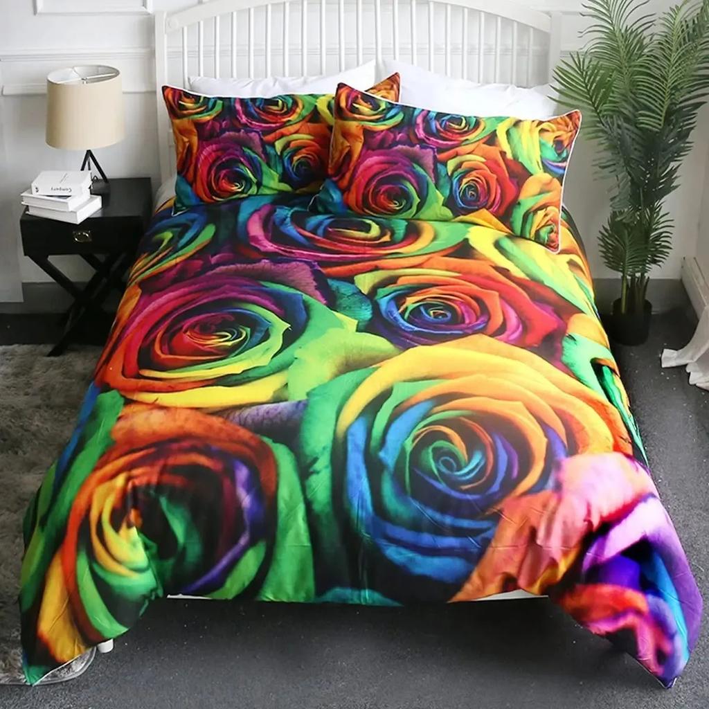 Girls Rainbow Rose Duvet Cover Set Colorful Rose Floral Bright Flowers Petal Comforter Cover Garden Fresh Bedding Sets Full Size