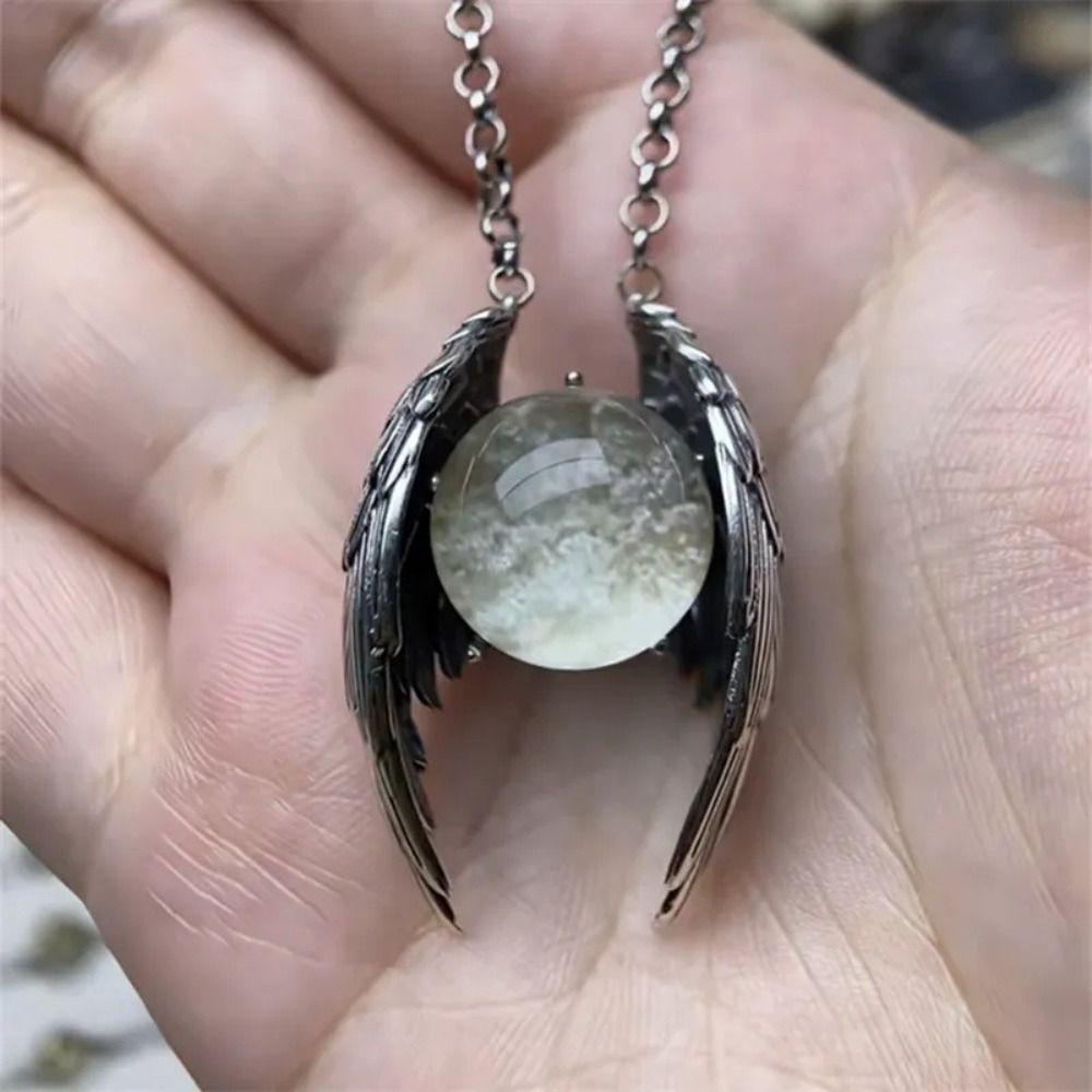 Silver Crystal Pendant Necklace Punk Ghost Wings Crystal Necklace  Jewelry Accessory