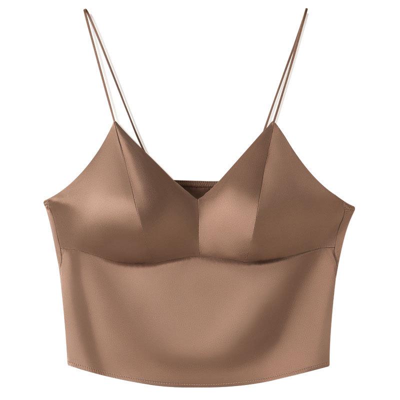 

Guolian Атласный топ-бра из шелка тутового дерева с подушечками, без косточек, короткий стиль, защита от просвечивания, красивый дизайн спины XXL хаки