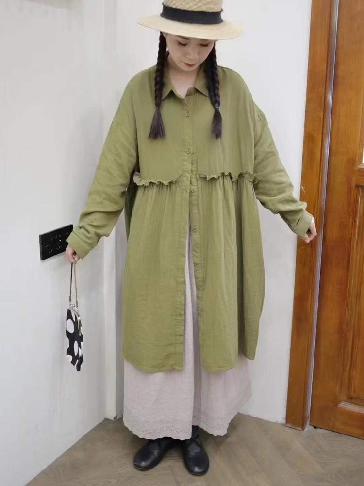 

Johnature Vintage Long Shirt Women Spring Spell Fungus Edge Loose Turn-down Collar Women Tops One Size