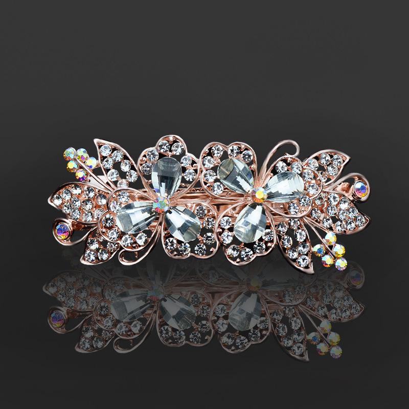 Clip de Primavera de Circonita Blanca Flor de Pedrería Brillante Clip Superior Clip Horizontal Elegante Adorno para el Cabello de Moda para Madres