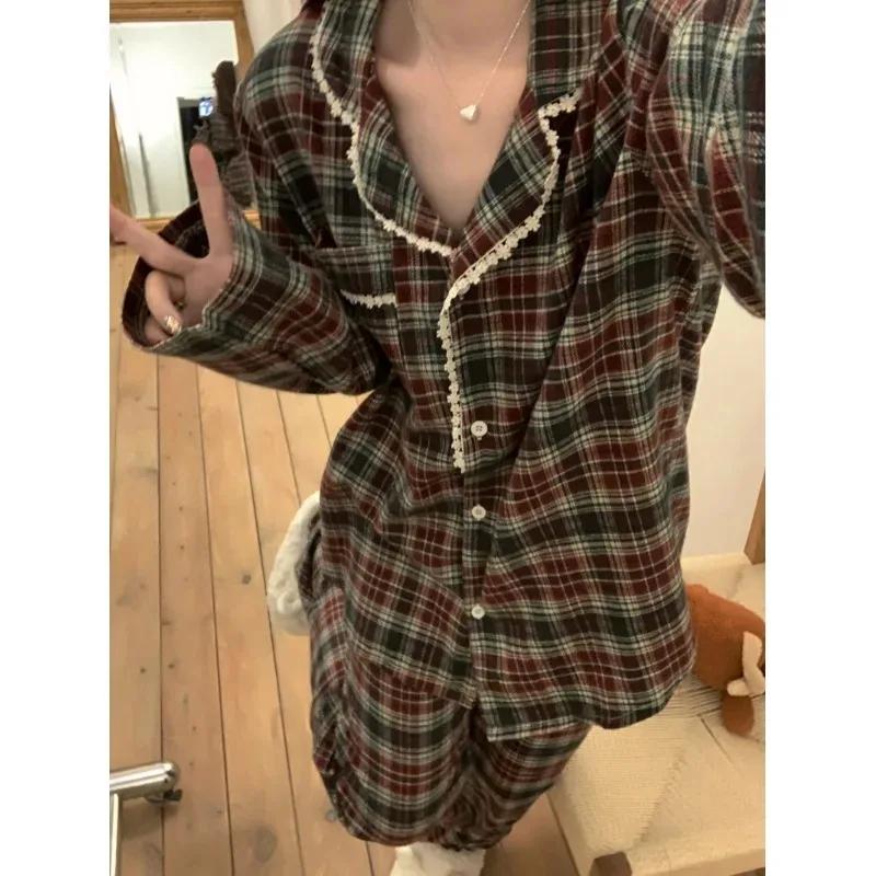 Plaid Couple Pajamas Autumn and Winter  Retro Brushed Pure Cotton One Man One Women Homewear Set Outer Wear