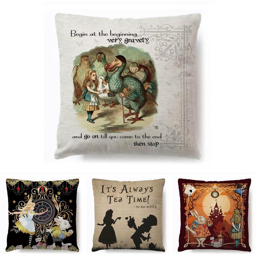 Alice In Wonderland Cartoon Pillow Case Cotton Linen Square Cushion Cover**