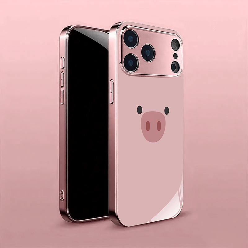 Cute Pink Pig Pattern Metallic Tempered Glass Phone Case For iPhone 17 16 15 14 13 12 11 Pro Max 15 Plus 17 Air 17E Cover