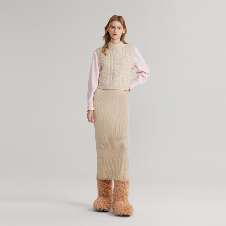 ELLE French Design Sleeveless Soft Round Neck Pullover Knit Vest Women tops Beige L7WZT113