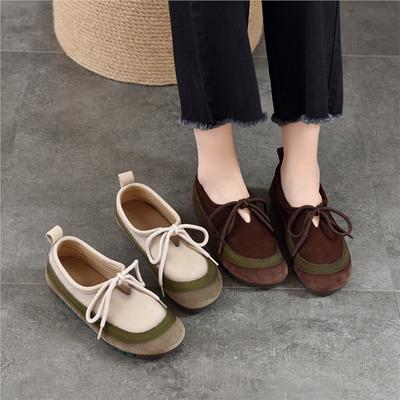Soft Cowhide Women's Flat Shoes Genuine Leather Round Toe Mixed Colors Lace Up Casual Shoes