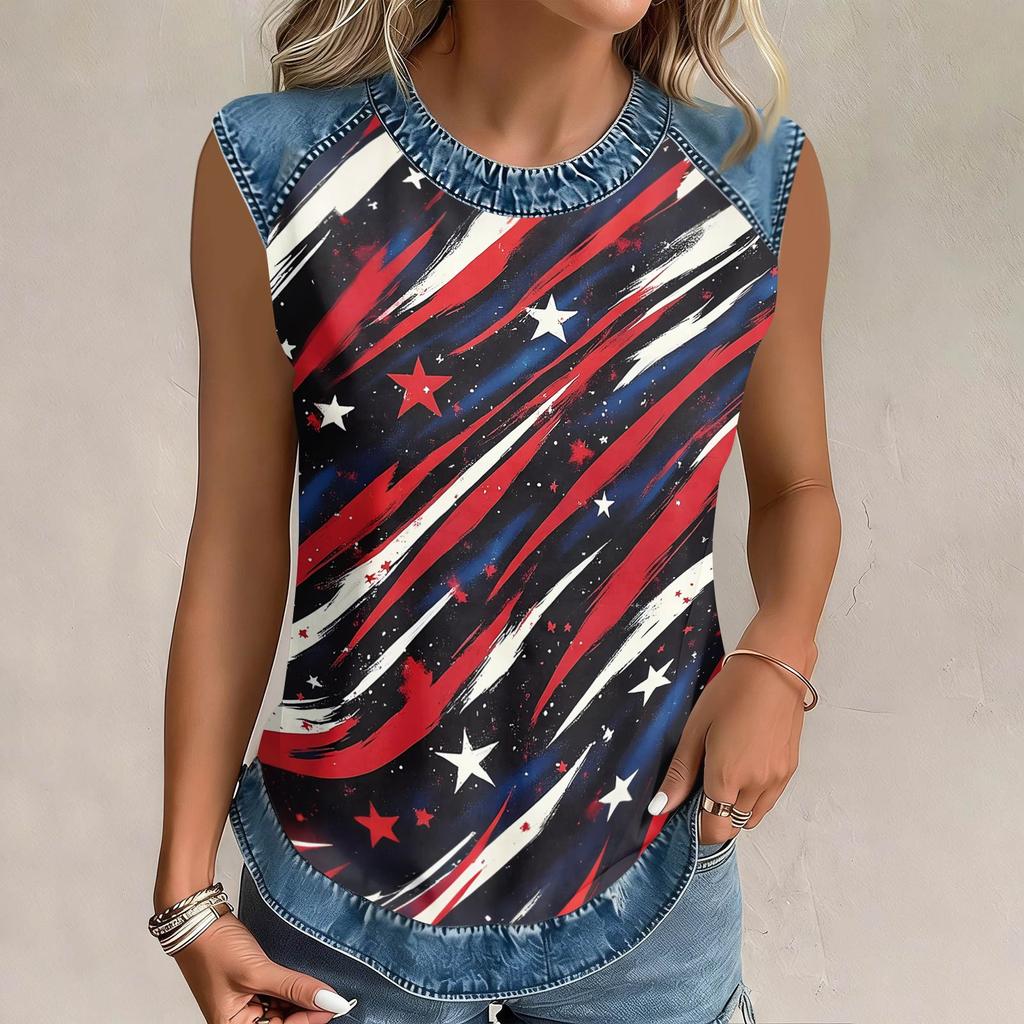 Women Sleeveless Pullover Tank Top Casual Round Neck Blouse Independence Day Print Shirt with Star Pattern and Abstract Design