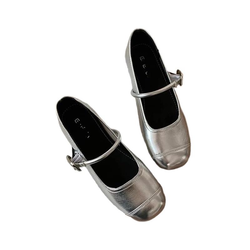 French Flat-soled Silver Single Shoes, Spring and Autumn Mary Jane Small Leather Shoes, New Doudou Shoes, Gentle Evening Shoes