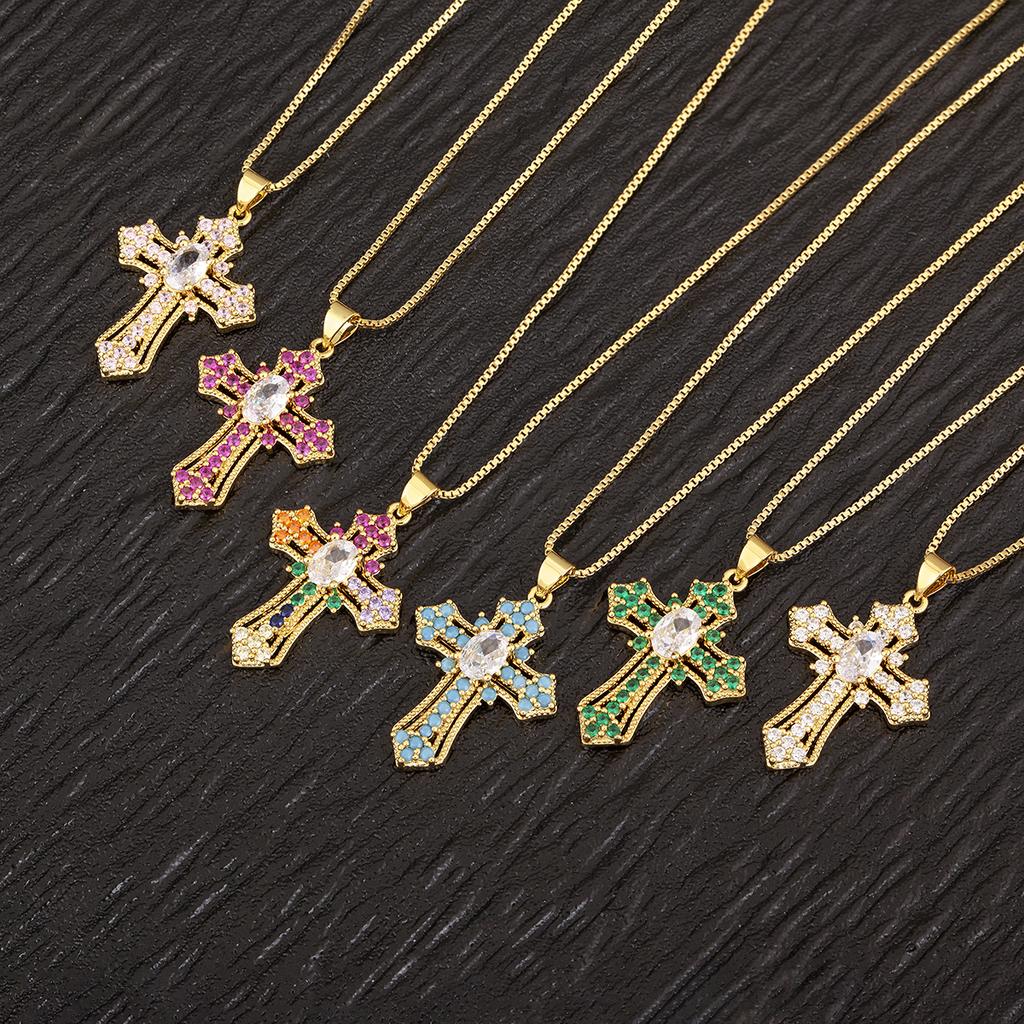 Nidin New Fashion Double Layer Jesus Cross Pendant Necklace 6 Colors For Women Men Shine Zircon Chain Link Jewelry Accessories