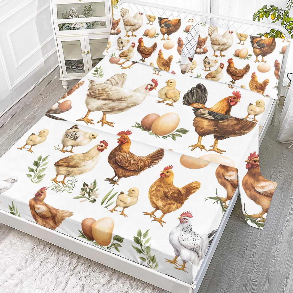 4-Piece Chicken Egg Bed Sheet Set, Including 1 Flat Bed Sheet, 1 Extra-Large Bed Sheet, 2 Pillowcases (Farmhouse, Living)