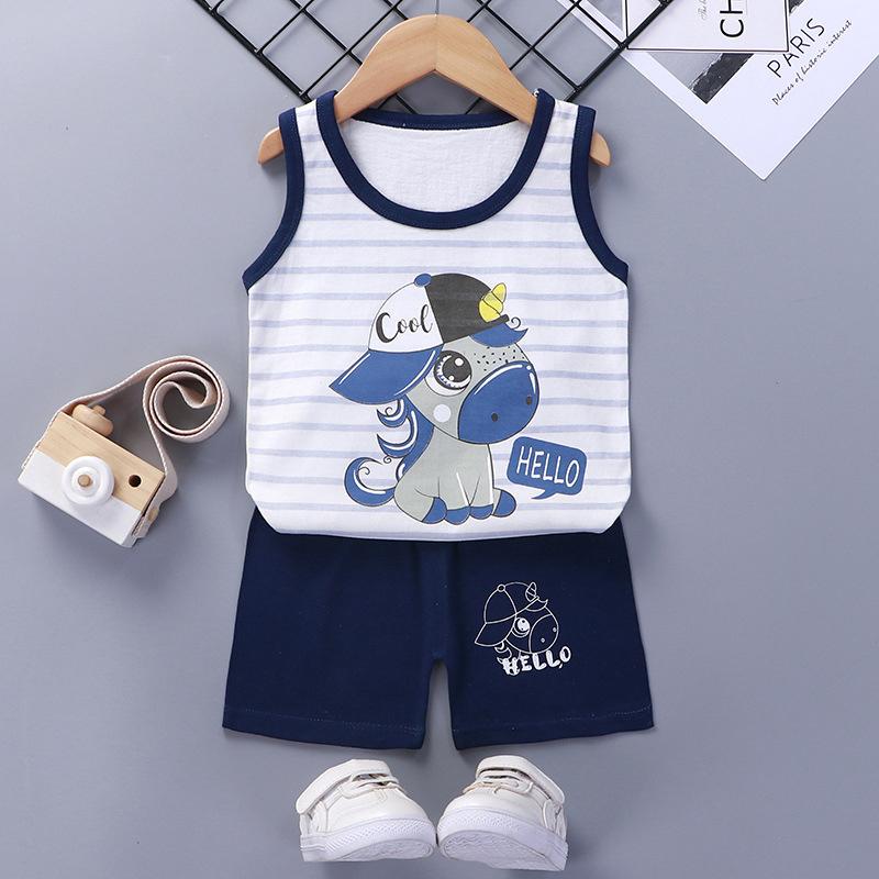 Summer Kids Non Sleeve O Neck Vest Pants Set Casual Baggy 2pcs Suit Cotton Cartoon Printes Outfit