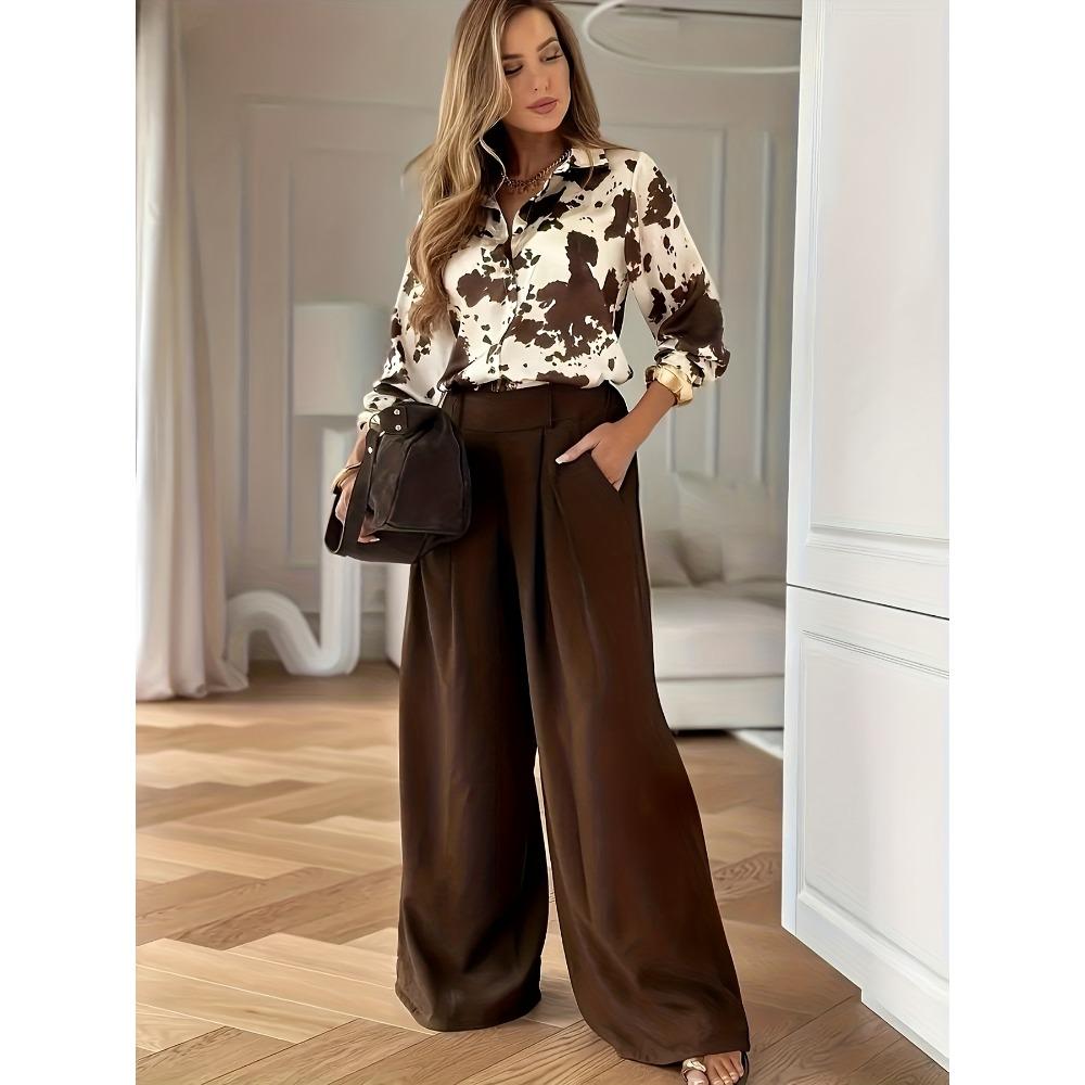 Women's Long Sleeve Button- Shirt Elegant Casual Commuter Top for Spring and Autumn, Brown and White Animal Pattern Design