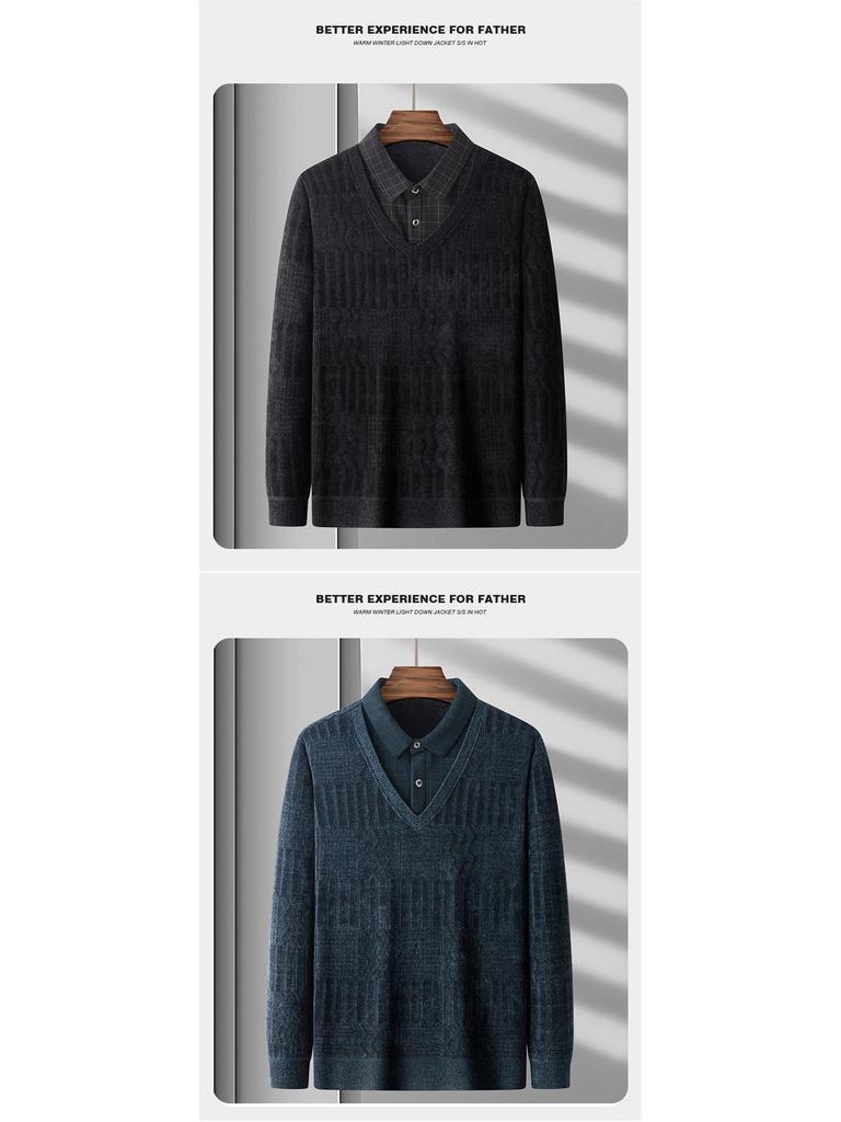 Dad's Winter Warm Chenille Knitwear: Men's Fleece-Lined Two-Piece Sweater with Thick Shirt Collar for Autumn/Winter.