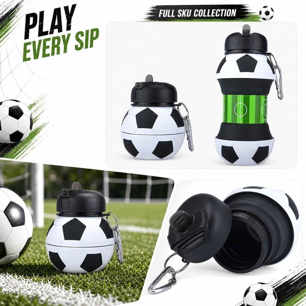 Collapsible Silicone Sports Water Bottle Soccer Ball Design Portable Foldable Leak Proof Lightweight Travel Cup with Carabiner for Kids Students