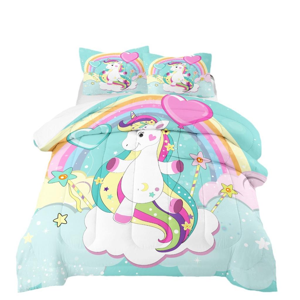 Cartoon Unicorn Three-piece Set Digital Print Fluffy Duvet Cover