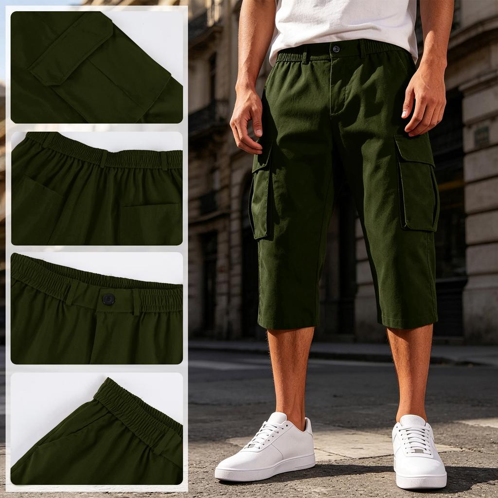 Heren Effen Kleur Knopen Elastische Taille Cargo Capri Broek met Zes Zakken Werkkleding Stijl Casual Pasvorm