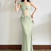 Holiday Wind Green Design Slanted Shoulder Kinked Dress Women's Summer New Lace Splicing Travel Temperament Long Dress