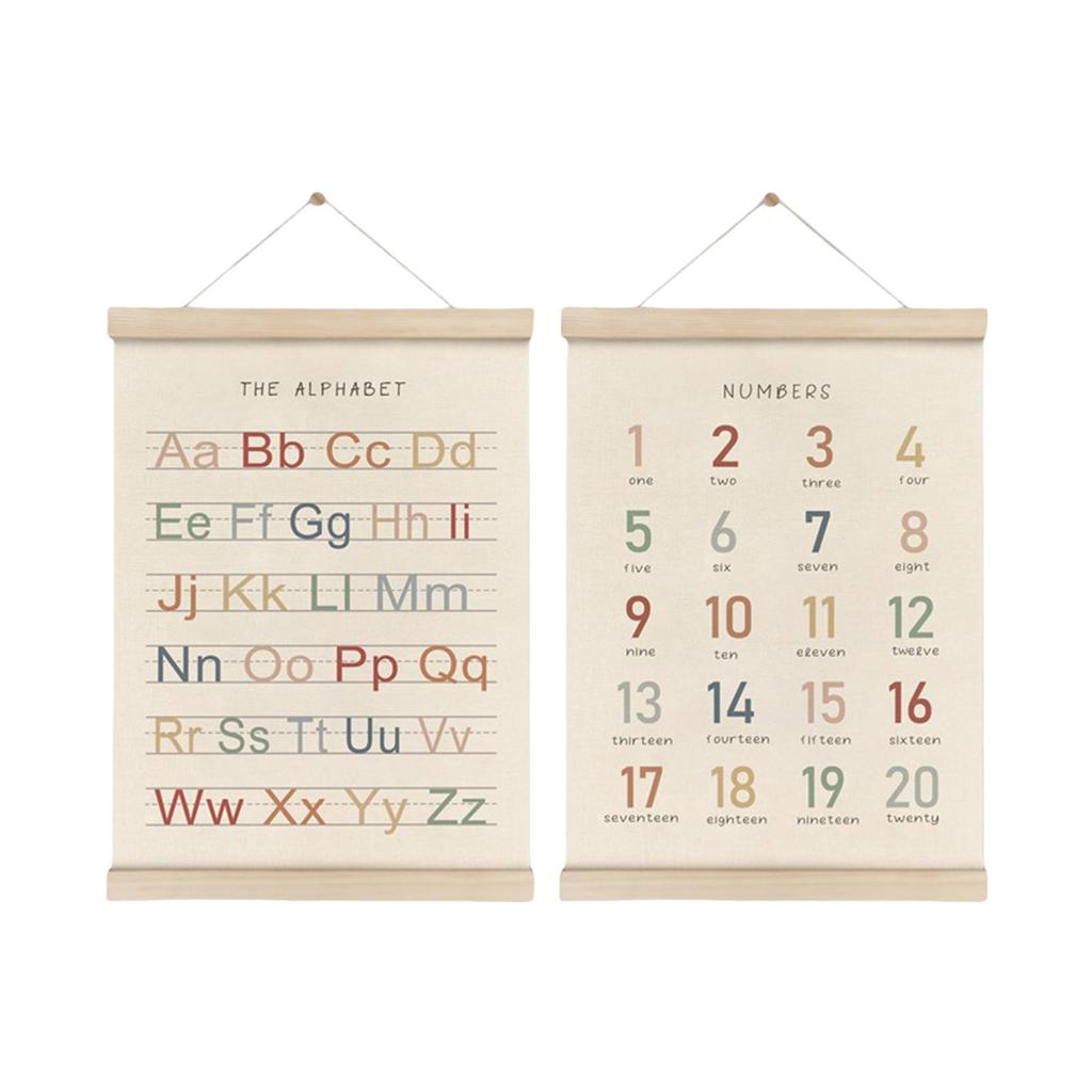 2Pcs Alphabets and Number Learning Wall Hanging Decors Set Wood Frame Nursery Poster Hangers Frame Set for Toddlers