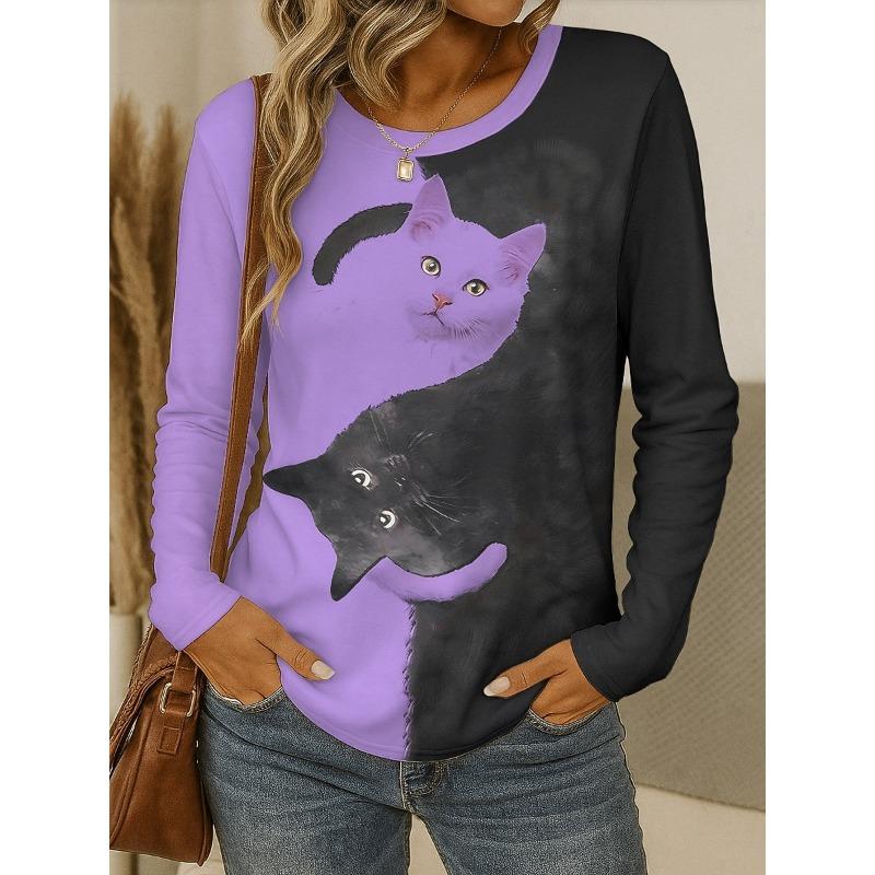 Damen T-Shirt Rundhals Langarm Tunika Grafik Tier Katze Vintage Stilvoll Klassisch Runder Hals Normale Oberteile