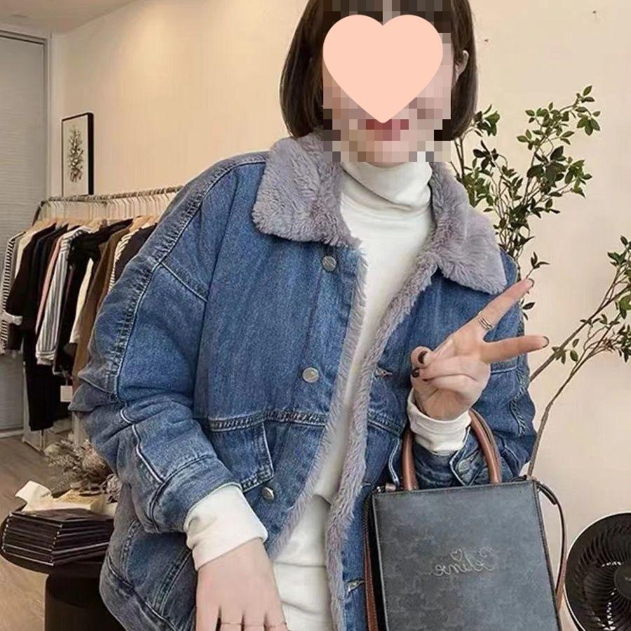 Hong Kong Style Women's Loose Denim Jacket - New Year Edition Single-Breasted, Long Sleeve, Plus Velvet Thickened.