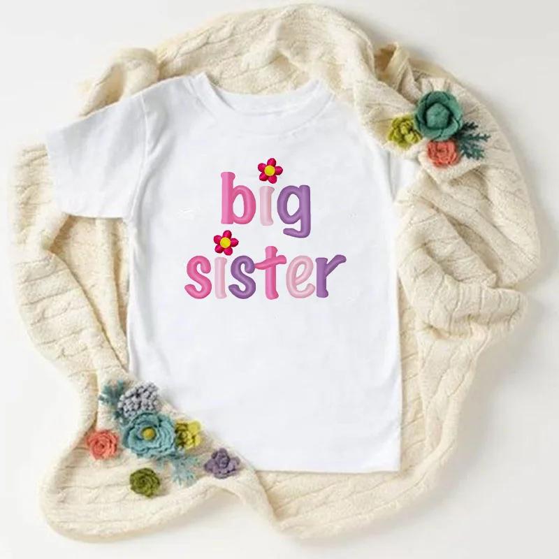 Big Sister Little Sister Matching Outfit T Shirt Summer Fashion T-shirt Children Short Sleeves White Tee Kids Tops Girls Clothes