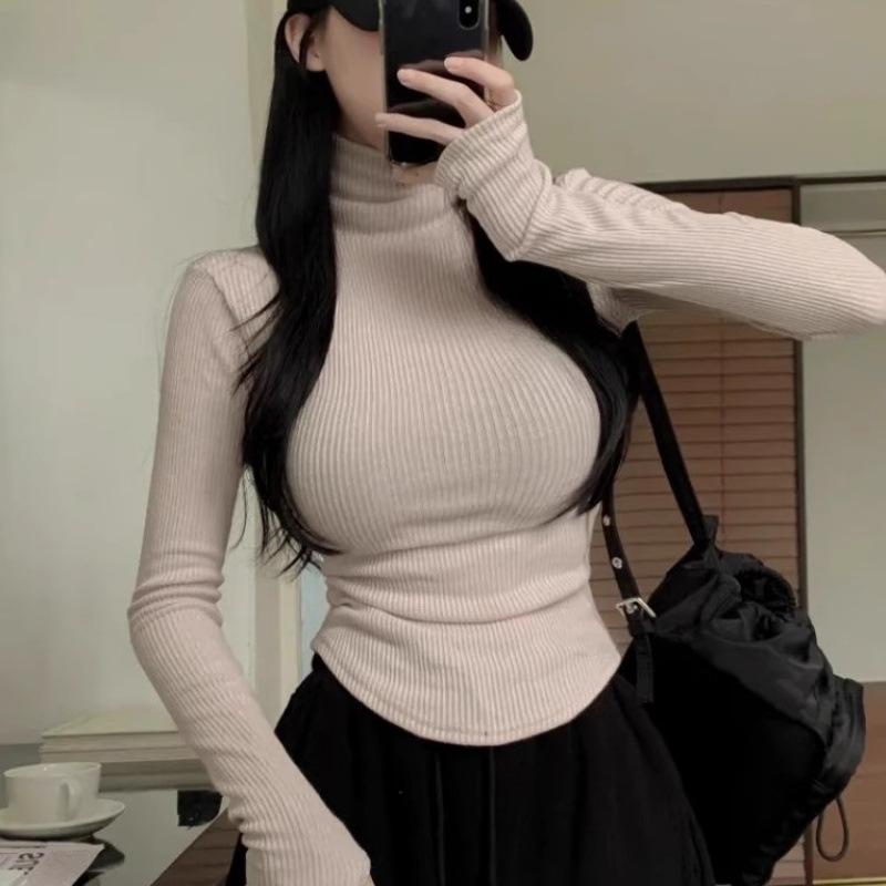 Korean Dongdaemun Women s Stylish High Neck, Long Sleeve Base Layer: Sexy, Figure-Flattering, Essential for All. One Size бежевый