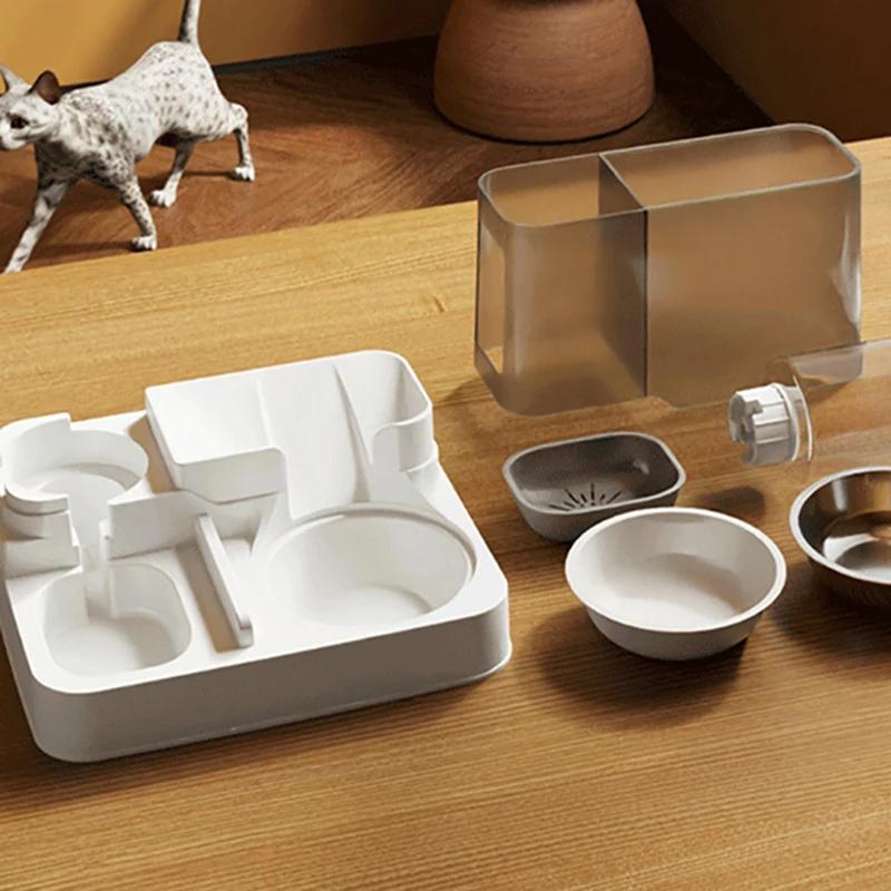 Transparent Cat Feeder Automatic Pet Feeding Bowl 2-in-1 Cat Water Dispenser Combination Grain Storage Bucket for Cats Puppies