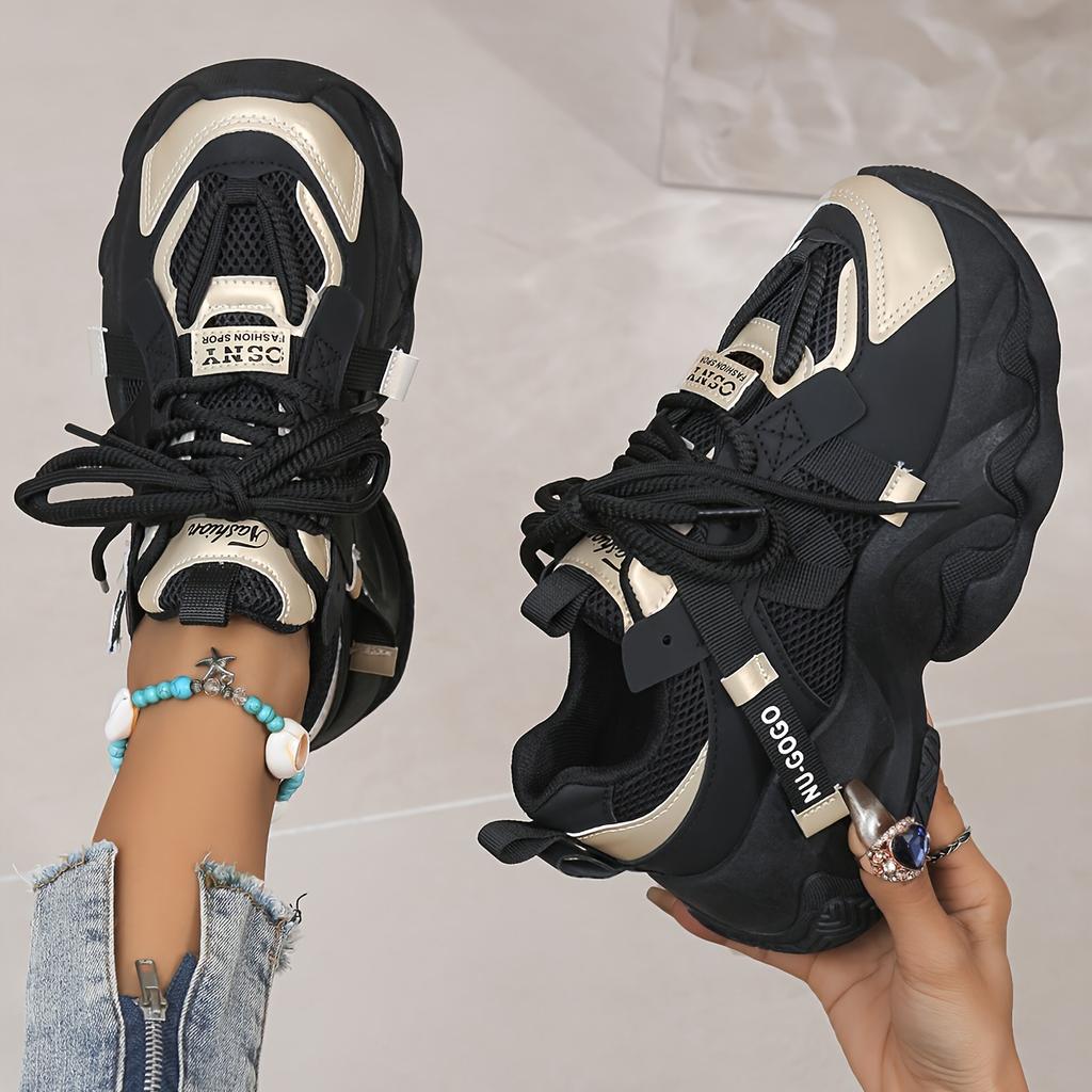 [Colorblock Mesh Women's Sneakers] Women's Colorblock Mesh Sneakers, Lace Up Soft Sole Platform Casual Heightening Shoes, Low-top Breathable