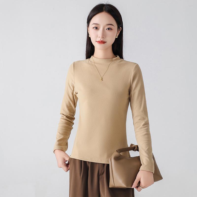 

Осень и Зима Новая Корейская Версия Приталенный и Тонкий Внутренний Велюр Круглый Вырез Длинный Рукав Универсальный Термотоп XL верблюд