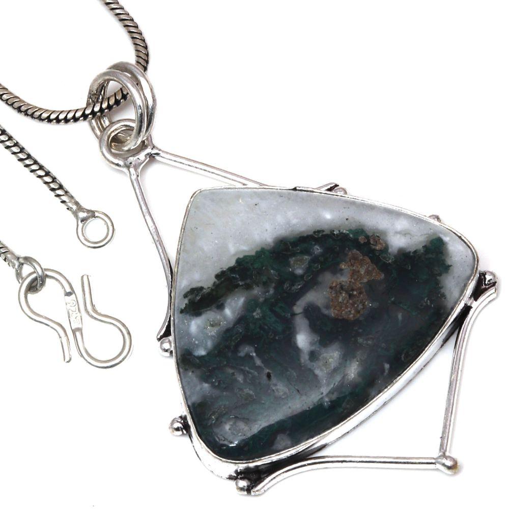 

Necklace Moss Agate Gemstone Handmade Antique Silver Jewelry 2.25